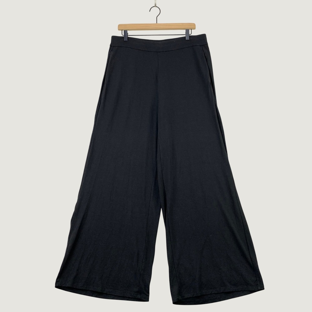 Eileen Fisher Wide Leg Pants Women L Black Casual Jersey Knit Pull On Comfort